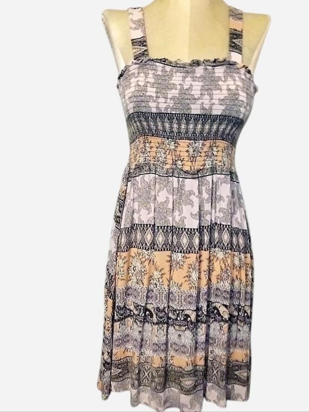 art class Printed Smocked Mini Dress in White, Gray & Beige